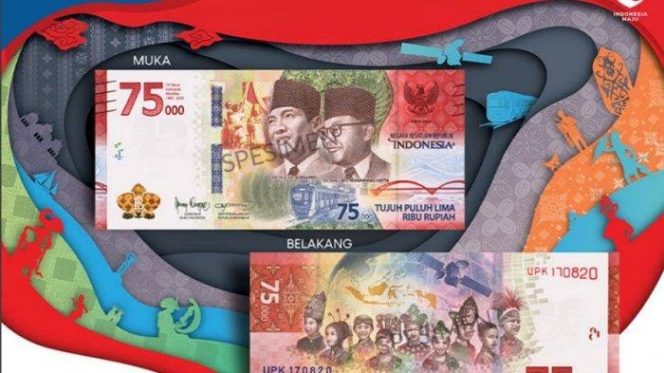 Bank Indonesia dan Kementerian Keuangan resmi merilis uang edisi khusus HUT ke-75 Republik Indonesia dengan pecahan Rp 75 Ribu. (Foto: tribunnews.com)